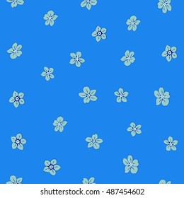 Seamless pattern of stylized floral motif, many small flowers, hole, spots in blue colors. Hand drawn small flowers. Vector seamless floral background in blue colors.