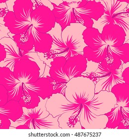 Seamless pattern of stylized floral motif, flowers, hole, spots, doodles. Vector hibiscus flowers in pink colors. Hand drawn. Seamless floral background.