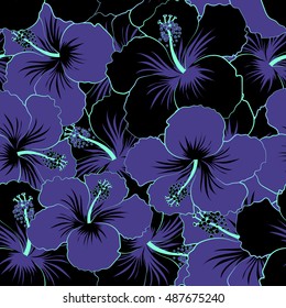Seamless pattern of stylized floral motif, flowers, hole, spots, doodles. Vector hibiscus flowers in black and violet colors. Hand drawn. Seamless floral background.