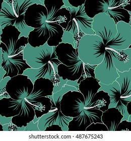 Seamless pattern of stylized floral motif, flowers, hole, spots, doodles. Vector hibiscus flowers in black and green colors. Hand drawn. Seamless floral background.
