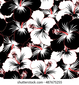 Seamless pattern of stylized floral motif, flowers, hole, spots, doodles. Vector hibiscus flowers in black and white colors. Hand drawn. Seamless floral background.