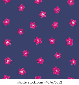 Seamless pattern of stylized floral motif, many small flowers, hole, spots in blue and magenta colors. Hand drawn small flowers. Vector seamless floral background in blue and magenta colors.