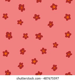 Seamless pattern of stylized floral motif, many small flowers, hole, spots in pink and red colors. Hand drawn small flowers. Vector seamless floral background in pink and red colors.