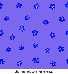 Seamless pattern of stylized floral motif, many small flowers, hole, spots in blue and violet colors. Hand drawn small flowers. Vector seamless floral background in blue and violet colors.