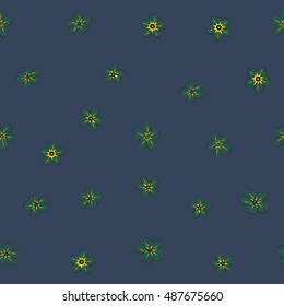 Seamless pattern of stylized floral motif, many small flowers, hole, spots in blue and green colors. Hand drawn small flowers. Vector seamless floral background in blue and green colors.
