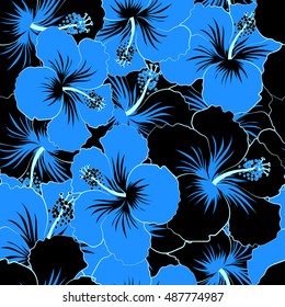 Seamless pattern of stylized floral motif, flowers, hole, spots, doodles. Vector hibiscus flowers in black and blue colors. Hand drawn. Seamless floral background.