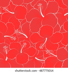 Seamless pattern of stylized floral motif, flowers, hole, spots, doodles. Vector hibiscus flowers in red colors. Hand drawn. Seamless floral background.