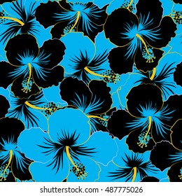 Seamless pattern of stylized floral motif, flowers, hole, spots, doodles. Vector hibiscus flowers in black and blue colors. Hand drawn. Seamless floral background.