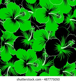 Seamless pattern of stylized floral motif, flowers, hole, spots, doodles. Vector hibiscus flowers in black and green colors. Hand drawn. Seamless floral background.