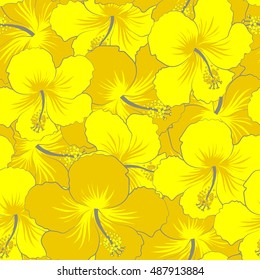 Seamless pattern of stylized floral motif, flowers, hole, spots, doodles. Vector hibiscus flowers in yellow colors. Hand drawn. Seamless floral background.
