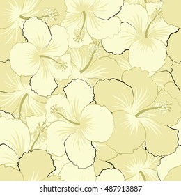 Seamless pattern of stylized floral motif, flowers, hole, spots, doodles. Vector hibiscus flowers in beige and green colors. Hand drawn. Seamless floral background.