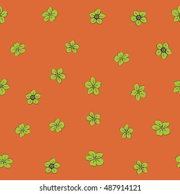 Seamless pattern of stylized floral motif, many small flowers, hole, spots in green and orange colors. Hand drawn small flowers. Vector seamless floral background in green and orange colors.