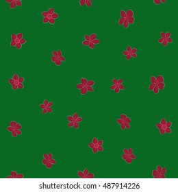 Seamless pattern of stylized floral motif, many small flowers, hole, spots in green and red colors. Hand drawn small flowers. Vector seamless floral background in green and red colors.