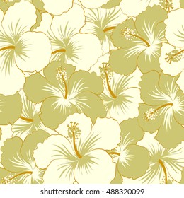 Seamless pattern of stylized floral motif flowers, spots and doodles. Vector hibiscus flowers in green colors. Hand drawn. Seamless floral background.