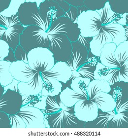 Seamless pattern of stylized floral motif flowers, spots and doodles. Vector hibiscus flowers in blue colors. Hand drawn. Seamless floral background.