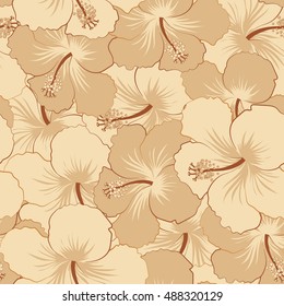 Seamless pattern of stylized floral motif flowers, spots and doodles. Vector hibiscus flowers in beige colors. Hand drawn. Seamless floral background.