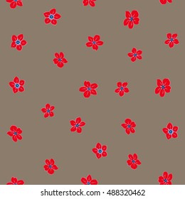 Seamless pattern of stylized floral motif with many small flowers, spots in beige and red colors. Hand drawn small flowers. Vector seamless floral background in beige and red colors.