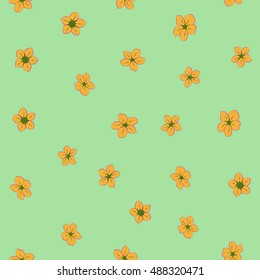 Seamless pattern of stylized floral motif, many small flowers, hole, spots in green and yellow colors. Hand drawn small flowers. Vector seamless floral background in green and yellow colors.