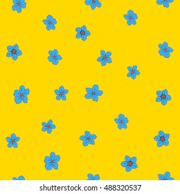 Seamless pattern of stylized floral motif, many small flowers, hole, spots in blue and yellow colors. Hand drawn small flowers. Vector seamless floral background in blue and yellow colors.