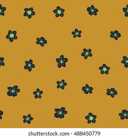 Seamless pattern of stylized floral motif, many small flowers, hole, spots in black and yellow colors. Hand drawn small flowers. Vector seamless floral background in black and yellow colors.