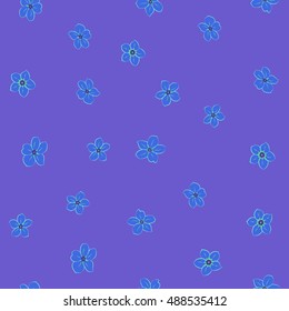Seamless pattern of stylized floral motif, many small flowers, hole, spots in purple and violet colors. Hand drawn small flowers. Vector seamless floral background in purple and violet colors.