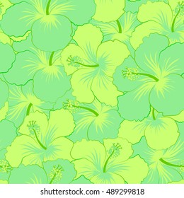 Seamless pattern of stylized floral motif, flowers, hole, spots, doodles. Vector hibiscus flowers in green colors. Hand drawn. Seamless floral background.