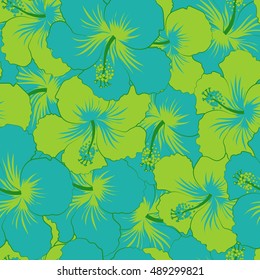 Seamless pattern of stylized floral motif, flowers, hole, spots, doodles. Vector hibiscus flowers in green and blue colors. Hand drawn. Seamless floral background.