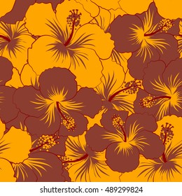 Seamless pattern of stylized floral motif, flowers, hole, spots, doodles. Vector hibiscus flowers in yellow and red colors. Hand drawn. Seamless floral background.
