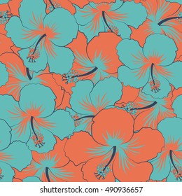 Seamless pattern of stylized floral motif, flowers, hole, spots, doodles. Vector hibiscus flowers in blue and orange colors. Hand drawn. Seamless floral background.