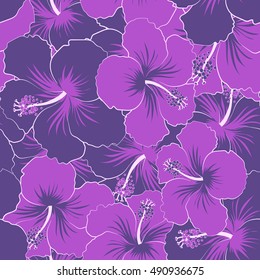 Seamless pattern of stylized floral motif, flowers, hole, spots, doodles. Vector hibiscus flowers in violet colors. Hand drawn. Seamless floral background.
