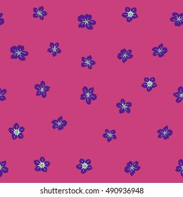 Seamless pattern of stylized floral motif, many small flowers, hole, spots in pink and violet colors. Hand drawn small flowers. Vector seamless floral background in pink and violet colors.