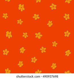 Seamless pattern of stylized floral motif, many small flowers, hole, spots in orange and red colors. Hand drawn small flowers. Vector seamless floral background in orange and red colors.