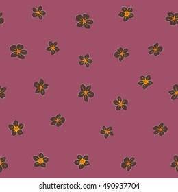 Seamless pattern of stylized floral motif, many small flowers, hole, spots in green and pink colors. Hand drawn small flowers. Vector seamless floral background in green and pink colors.