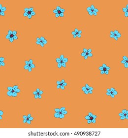 Seamless pattern of stylized floral motif, many small flowers, hole, spots in blue and orange colors. Hand drawn small flowers. Vector seamless floral background in blue and orange colors.