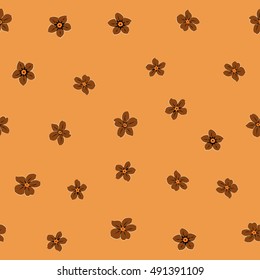 Seamless pattern of stylized floral motif, many small flowers, hole, spots in brown and orange colors. Hand drawn small flowers. Vector seamless floral background in brown and orange colors.