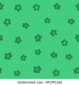 Seamless pattern of stylized floral motif, many small flowers, hole, spots in green colors. Hand drawn small flowers. Vector seamless floral background in green colors.