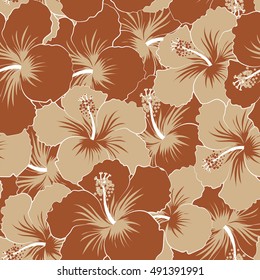 Seamless pattern of stylized floral motif, flowers, hole, spots, doodles. Vector hibiscus flowers in brown colors. Hand drawn. Seamless floral background.