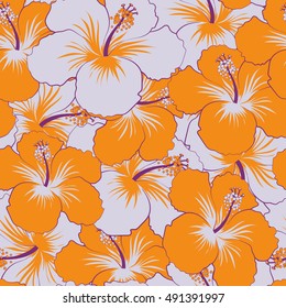 Seamless pattern of stylized floral motif, flowers, hole, spots, doodles. Vector hibiscus flowers in orange colors. Hand drawn. Seamless floral background.