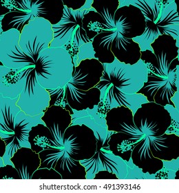 Seamless pattern of stylized floral motif, flowers, hole, spots, doodles. Vector hibiscus flowers in black and blue colors. Hand drawn. Seamless floral background.