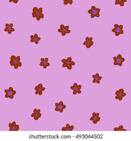 Seamless pattern of stylized floral motif, many small flowers, hole, spots in brown and pink colors. Hand drawn small flowers. Vector seamless floral background in brown and pink colors.
