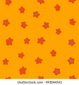 Seamless pattern of stylized floral motif, many small flowers, hole, spots in blue, orange and red colors. Hand drawn small flowers. Vector seamless floral background in blue, orange and red colors.