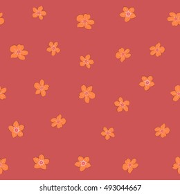 Seamless pattern of stylized floral motif, many small flowers, hole, spots in orange and pink colors. Hand drawn small flowers. Vector seamless floral background in orange and pink colors.