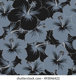 Seamless pattern of stylized floral motif, flowers, hole, spots, doodles. Vector hibiscus flowers in black and gray colors. Hand drawn. Seamless floral background.