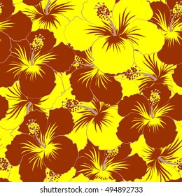 Seamless pattern of stylized floral motif, flowers, hole, spots, doodles. Vector hibiscus flowers in yellow and red colors. Hand drawn. Seamless floral background.