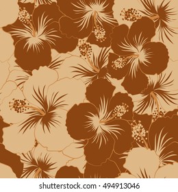 Seamless pattern of stylized floral motif, flowers, hole, spots, doodles. Vector hibiscus flowers in brown colors. Hand drawn. Seamless floral background.