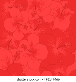 Seamless pattern of stylized floral motif, flowers, hole, spots, doodles. Vector hibiscus flowers in red colors. Hand drawn. Seamless floral background.