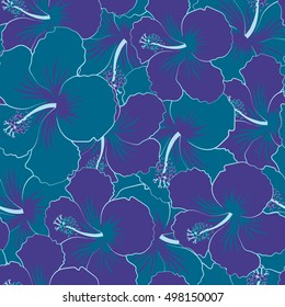 Seamless pattern of stylized floral motif, flowers, hole, spots, doodles. Vector hibiscus flowers in blue colors. Hand drawn. Seamless floral background.