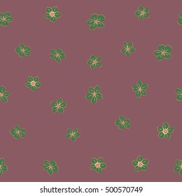 Seamless pattern of stylized floral motif, many small flowers, hole, spots in green and pink colors. Hand drawn small flowers. Vector seamless floral background in green and pink colors.