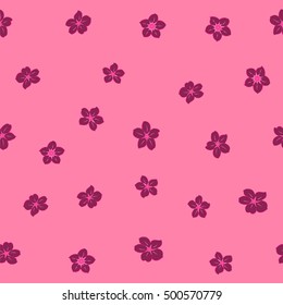 Seamless pattern of stylized floral motif, many small flowers, hole, spots in pink and violet colors. Hand drawn small flowers. Vector seamless floral background in pink and violet colors.