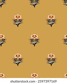 seamless pattern of stylized floral motifs on a mustard yellow background, for textile, wallpaper, gift wrapping.